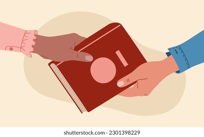 Book exchange concept. Human hands swap literature. Hand drawn vector illustration isolated on light background. Modern flat cartoon style.