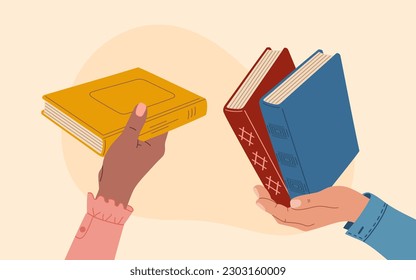 Book exchange or book crossing concept. Human hands swap literature. Hand drawn vector illustration isolated on light background, flat cartoon style.