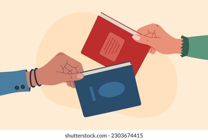 Book exchange or book crossing concept. Human hands swap literature. Hand drawn vector illustration isolated on light background. Modern flat cartoon style.