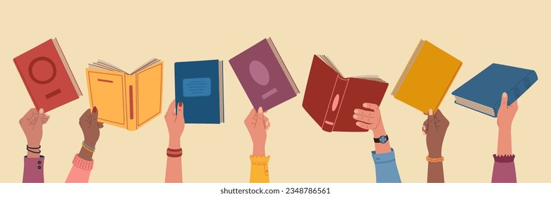 Book exchange or crossing. Diverse hands holding books. People exchanging, borrowing and recommending literature. Hand drawn vector illustration isolated on light background, flat cartoon style.