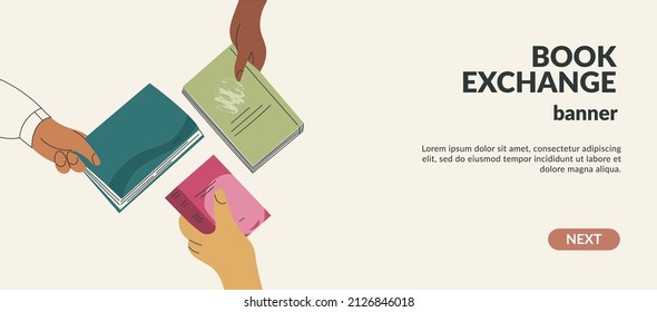 Book exchange landing page template or bookcrossing vector illustration banner. Education and knowledge concept, diverse hands holding volume. Swap literature event, library day, culture festival
