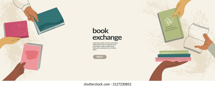Book exchange landing page template or bookcrossing vector illustration banner. Education and knowledge concept, diverse hands holding books. Swap literature event, library day, culture festival