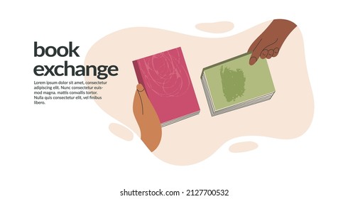 Book exchange landing page template or bookcrossing vector illustration banner. Swap literature event, library day, culture festival. Education and knowledge concept, diverse hands holding books