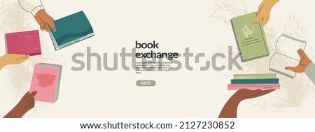 Book exchange landing page template or bookcrossing vector illustration banner. Education and knowledge concept, diverse hands holding books. Swap literature event, library day, culture festival Foto stock © 