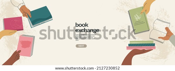 Book exchange landing page template or\
bookcrossing vector illustration banner. Education and knowledge\
concept, diverse hands holding books. Swap literature event,\
library day, culture\
festival