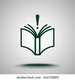 Book with exclamation mark sign icon, vector illustration. Flat design style 