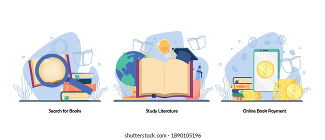 Exploración de libros, lectura de libros, investigación, juego de iconos de pago de libros en línea. libro de búsqueda, literatura de estudio, librería digital. Diseño plano vectorial aislado concepto ilustraciones metáforas