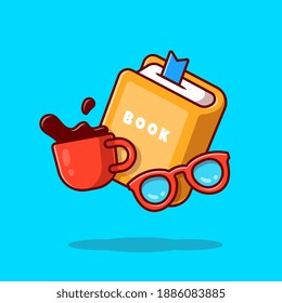 Book, Eyeglasses And Cup Of Coffee Cartoon Vector Icon Illustration. Education Object Icon Concept Isolated Premium Vector. Flat Cartoon Style