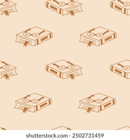 Book with Eyeglasses Doodle Seamless Pattern. Hand Drawn Elegant Beige Background with Reading Literature Symbols. Repeat vector illustration