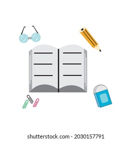 Book, Eyeglasses and stationaries vector illustration
