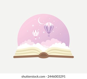 Book with fabulous flying balloons in the clouds and stars. Creative process concept.