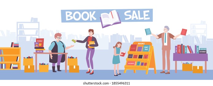 Book fair composition with flat images of bookfair market with doodle characters of visitors and librarian vector illustration
