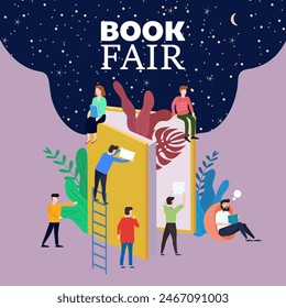 Book Fair or Festival concept, small people reading and opened huge book