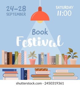 Book fair or festival square poster for advertising, promo, invitation, sale. Shelf with various books, plants, lamp. Vector multicolored banner. Education and fun event concept. World book day.