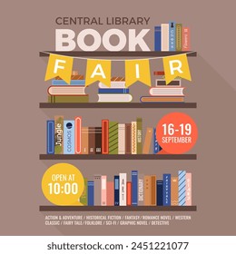 Book fair or festival square poster for advertising, promo, invitation, sale. Shelves with various books. Vector multicolored banner. Education and fun event concept. World book day.