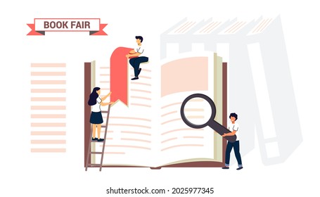 Book fair or Book festival Students woman and man reading, learning and sitting on big books Bookcase Bookshelf Literature event concept Library Bookstore Shop Advertising World Book Day