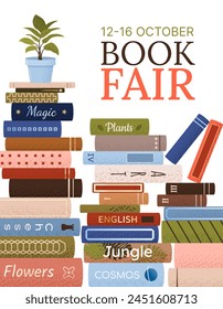 Book fair or festival vertical poster for advertising, promo, invitation, sale. Stacks of various books, plant. Vector banner on white background. Education and event concept. World book day.