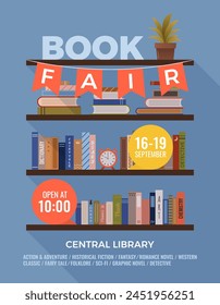 Book fair or festival vertical poster for advertising, promo, invitation, sale. Shelves with various books. Vector multicolored banner. Education and fun event concept. World book day.