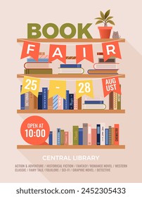 Book fair or festival vertical poster for advertising, promo, invitation, sale. Shelves with various books. Vector multicolored banner. Education and fun event concept. World book day.