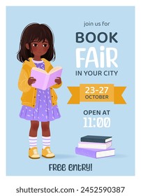 Book fair or festival vertical poster for advertising, promo, invitation, sale. Little girl with books. Vector banner with text on violet background. Education and event concept. World book day.