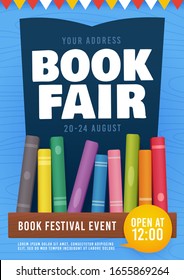 Book Fair Flyer Event Invitation. Bookshelf. Book Festival Poster. Vector Illustration