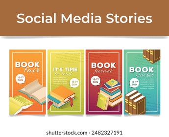 Book fair literature market festival social media stories design template set isometric vector illustration. Literary educational bookstore event reading hobby promo advertising announcement