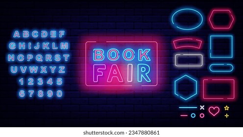 Book fair neon badge. Glowing advertising. Shiny blue alphabet. Library and reading time. Geometric frames collection. Glowing banner. Editable stroke. Vector stock illustration