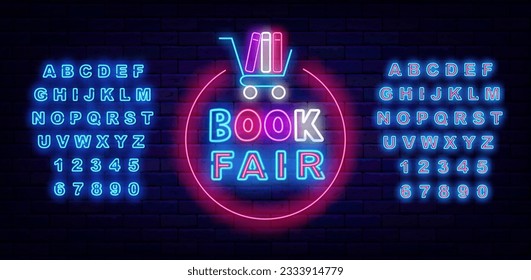 Book fair neon label. Shopping cart with books. Glowing advertising. Shiny blue alphabet. Library and reading time. Glowing banner. Editable stroke. Vector stock illustration