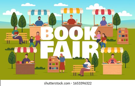 Book Fair On Street, Booth Stalls Bookcases. Outdoor Fair, Market Or Street Book Festival. Vector Illustration