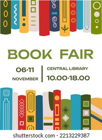 Book fair poster for advertising. Vertical poster for book fair with different books. Advertising template for bookstore,bookshop, library.