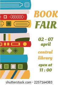 Book fair poster for advertising. Vertical poster for book fair with different books. Advertising template for bookstore,bookshop, library.