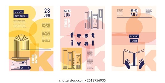 Book fair poster for advertising. Vertical poster for book fair with different books. Advertising template for bookstore, bookshop, library.