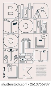 Book fair poster for advertising. Vertical poster for book fair with different books. Advertising template for bookstore, bookshop, library.