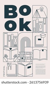 Book fair poster for advertising. Vertical poster for book fair with different books. Advertising template for bookstore, bookshop, library.
