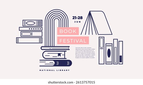 Book fair poster for advertising. Vertical poster for book fair with different books. Advertising template for bookstore, bookshop, library.
