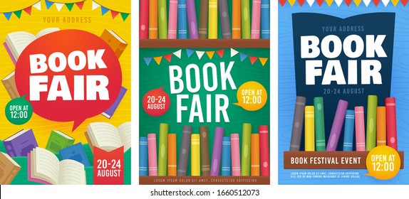 Book Fair Poster Event Invitation. Bookshelf. Book Festival Flyer. Vector Illustration