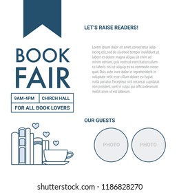 Book fair poster template.Header, text and place for photo.Scholastic library event announcement: festival,market,book lovers club.Stack of folio with heart symbol.Vector illustration,flat line style.
