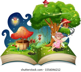 Book with fairies flying around the tree illustration