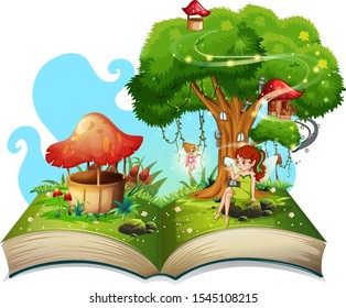 Book with fairies flying in garden illustration