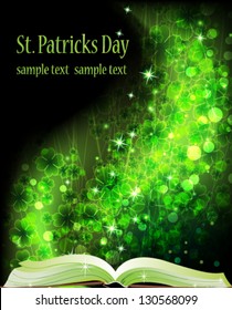 Book of fairy tales on a magic clover background