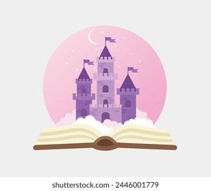 Book with a fairytale castle in the clouds and stars. Creative process concept.