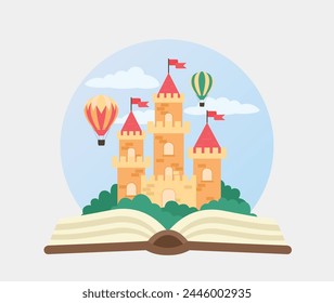 Book with a fairytale castle. Flying balloons in the clouds. Creative process concept.