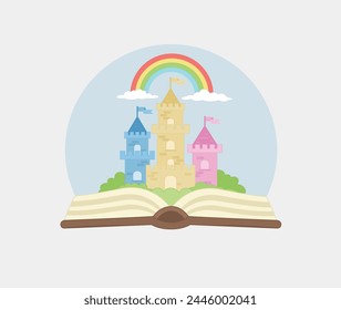 Reserva con un castillo multicolor de cuento de hadas con un arco iris en las nubes. Concepto de proceso creativo.