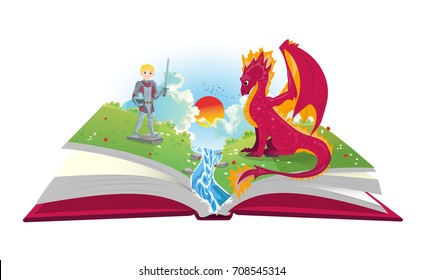 Book of fairytales with knight and dragon illustration