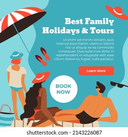 Book family adventure now at website page. best holidays and tours for parents with kids. Resorts and entertainment, island and tropical countries, summer rest and weekends. Vector in flat style