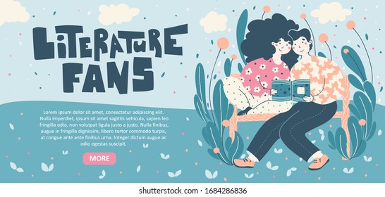 Book fans, literature lovers, couple young people reading in nature, on bench. Literature fan concept vector landing page template