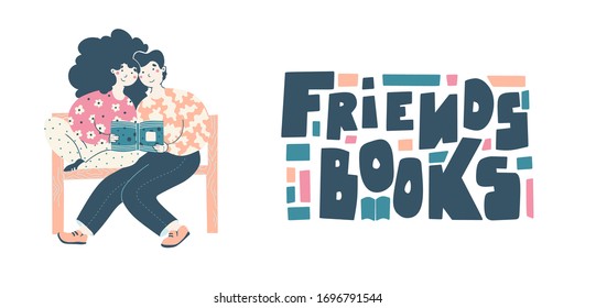Book fans, literature lovers, couple young people reading in nature, on bench. Literature fan concept vector landing page template