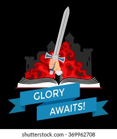 Book with fantasy epic scene with a hand with a sword