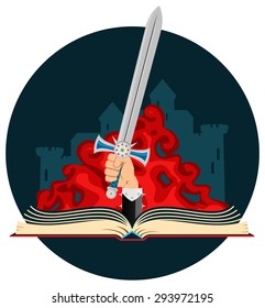 Book with fantasy scene with a hand with a sword