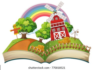 Book with farm scene at day time illustration